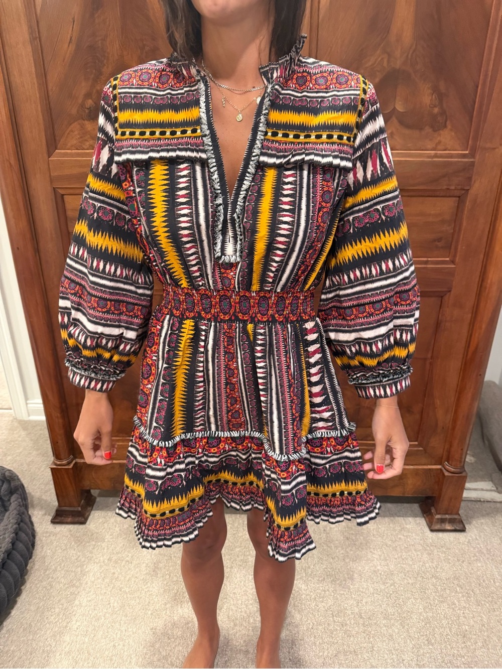 Boho Multi-Stripe V-Neck Mini Dress in Yellow and Black